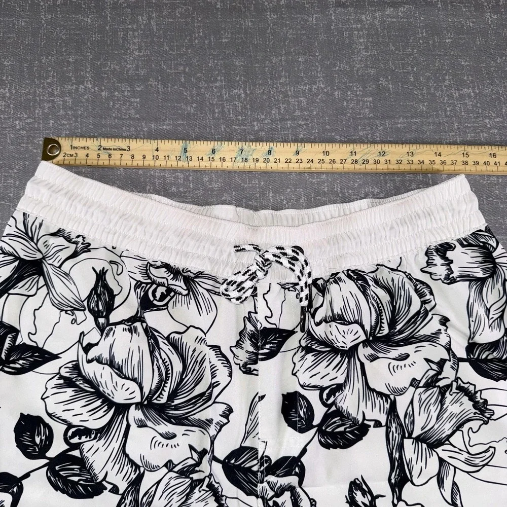 Ecko Unltd Shorts Mens Medium White Black Floral‎ Swim Trunks Quick Dry Beach